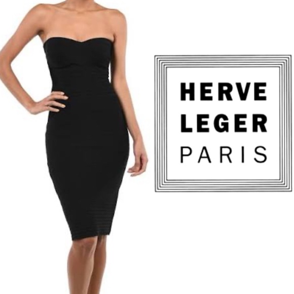 HERVE LEGER ✨ black strapless bandage body con stretch compression dressSz M